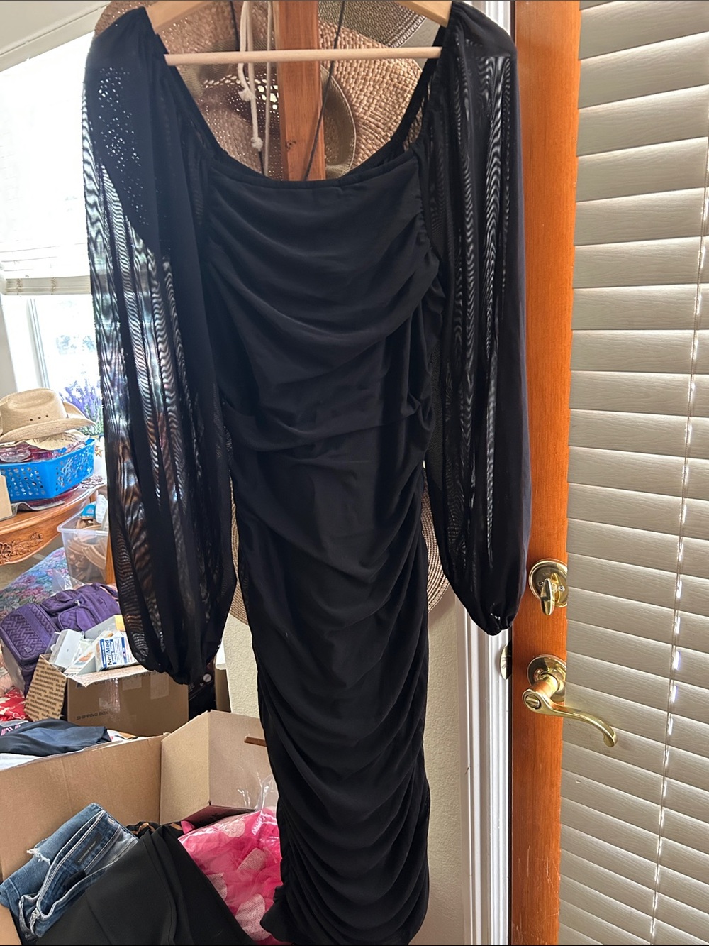 Black Ruched Long-Sleeve Sheer-Arm Women's Dress